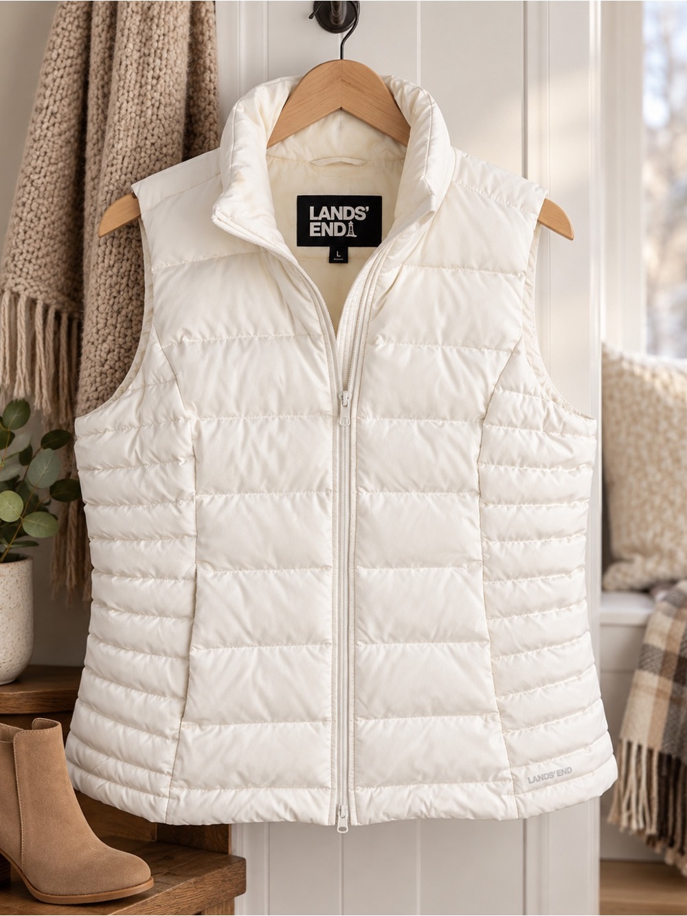 Lands’ End Ivory Down Puffer Vest Women’s Large Quilted Zip Front Lightweight Wi
